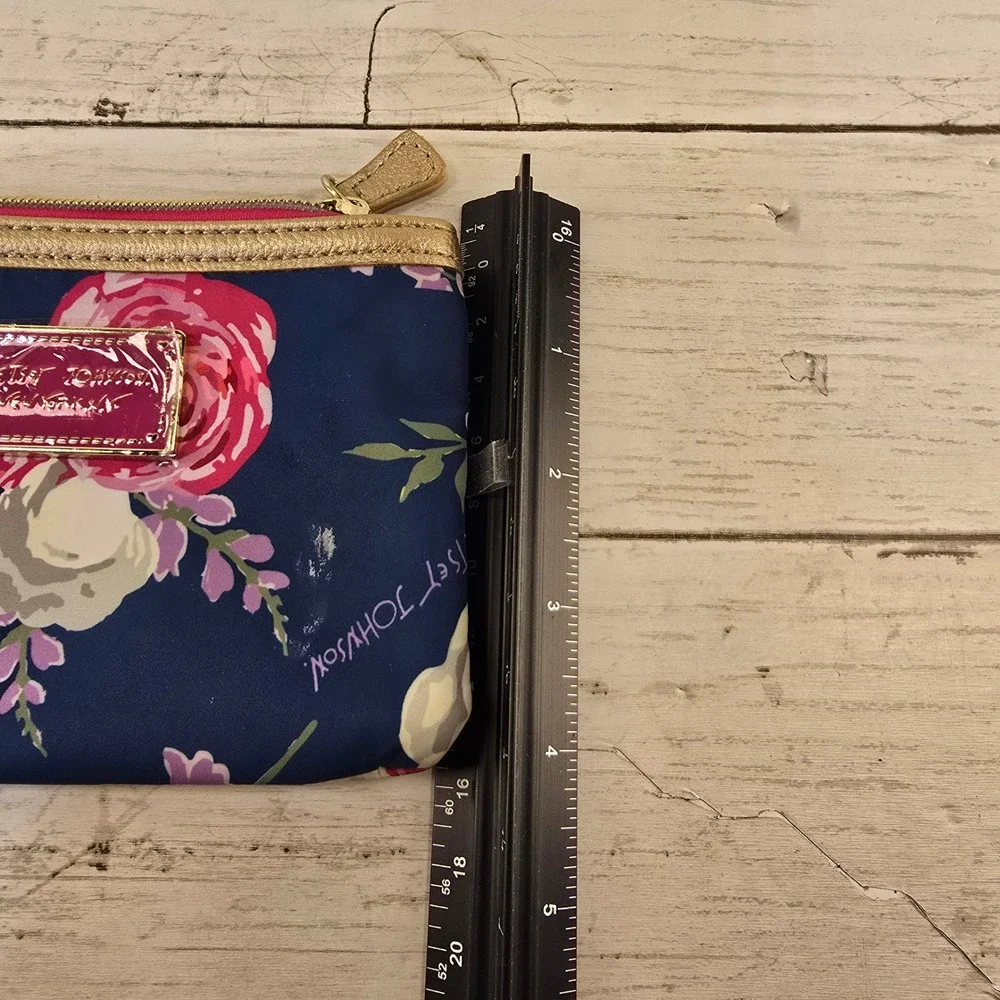 Betsey Johnson Floral Makeup Bag Navy Blue Pink Rose Gold Trim Zipper Pouch